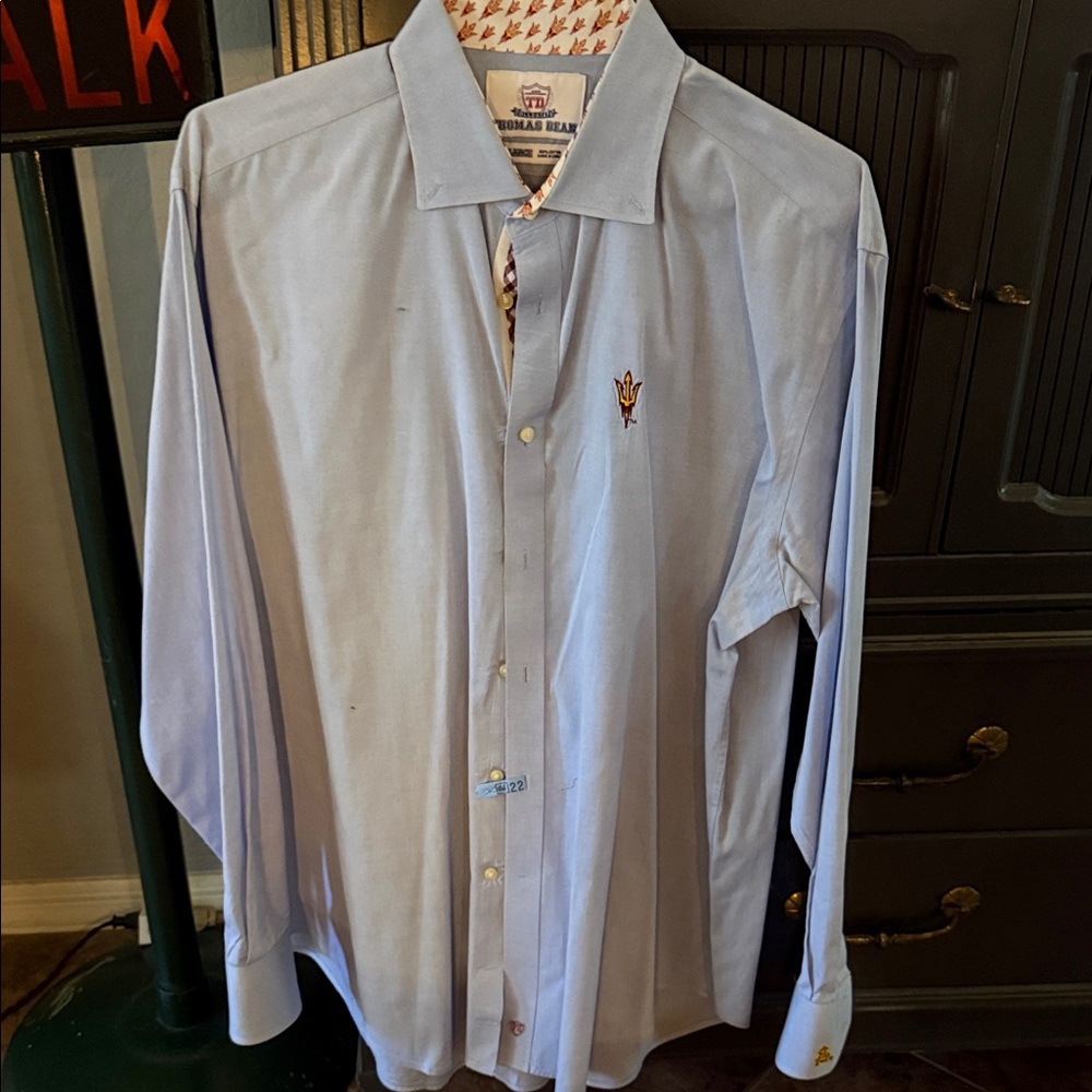 Thomas Dean Light Blue Dress Shirt with Embroidered Logo